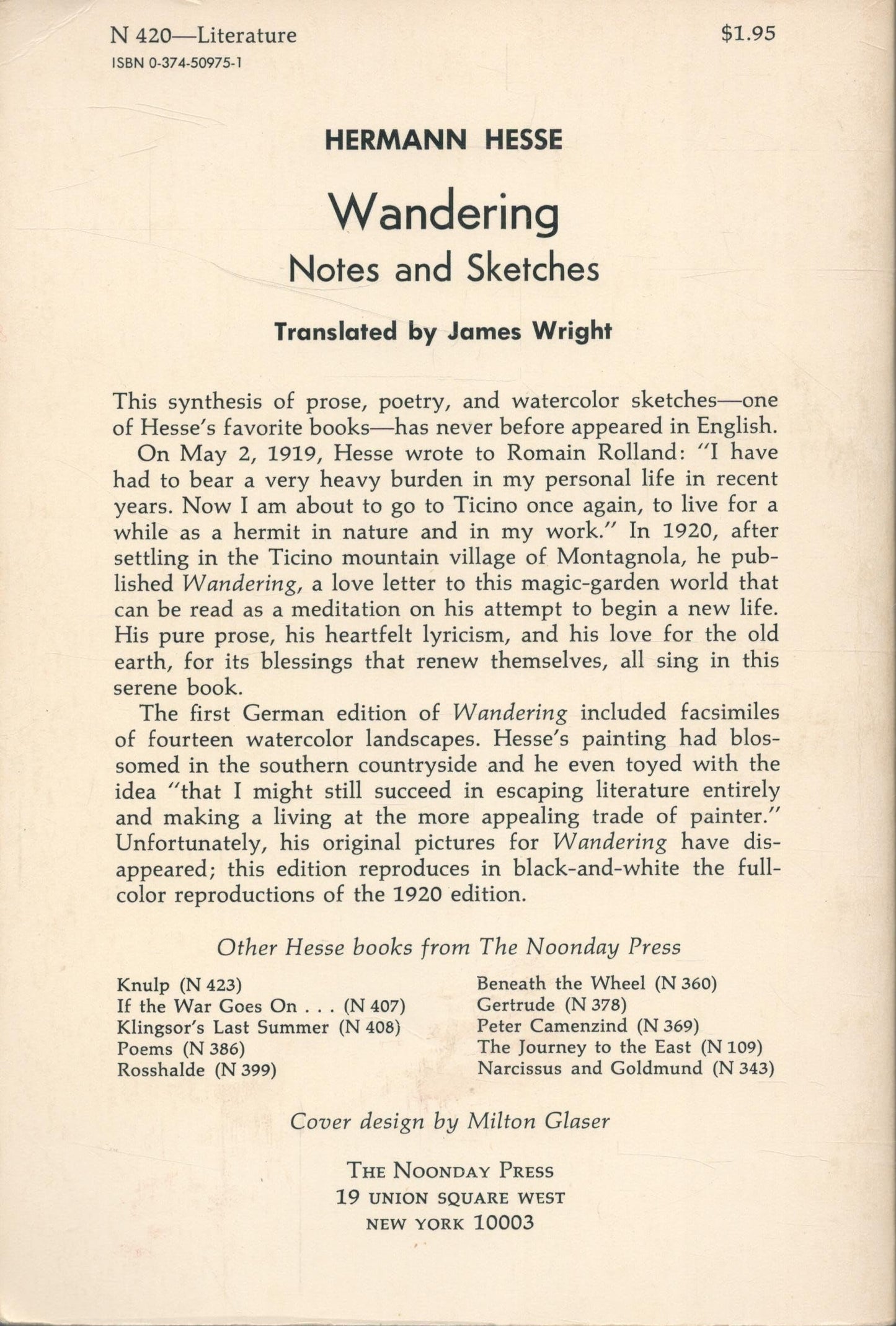 Wandering: Notes and Sketches by Hermann Hesse
